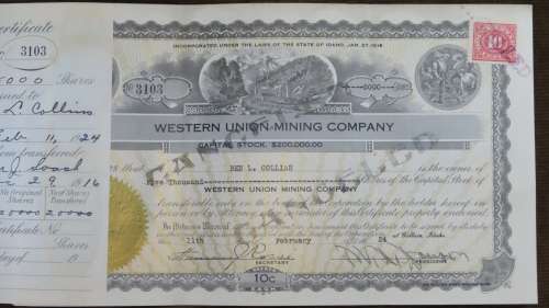 1924 WEstern Union Mining Company, Stock Certificate, 5000 Shares , 3103
