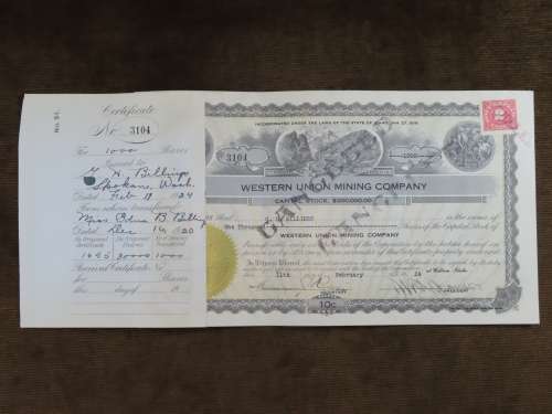 1924 WEstern Union Mining Company, Stock Certificate, 1000 Shares , 3104
