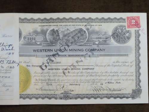1924 WEstern Union Mining Company, Stock Certificate, 1000 Shares , 3104