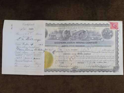 1924 WEstern Union Mining Company, Stock Certificate, 1000 Shares , 3105