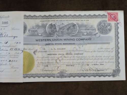 1924 WEstern Union Mining Company, Stock Certificate, 1000 Shares , 3105