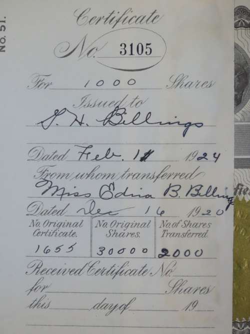 1924 WEstern Union Mining Company, Stock Certificate, 1000 Shares , 3105