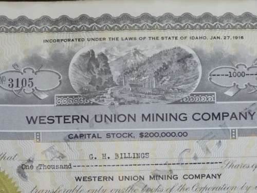 1924 WEstern Union Mining Company, Stock Certificate, 1000 Shares , 3105