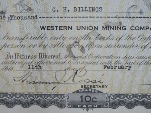 1924 WEstern Union Mining Company, Stock Certificate, 1000 Shares , 3105