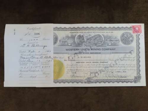 1924 WEstern Union Mining Company, Stock Certificate, 1000 Shares , 3106
