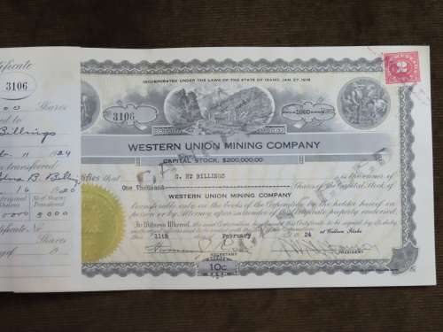 1924 WEstern Union Mining Company, Stock Certificate, 1000 Shares , 3106