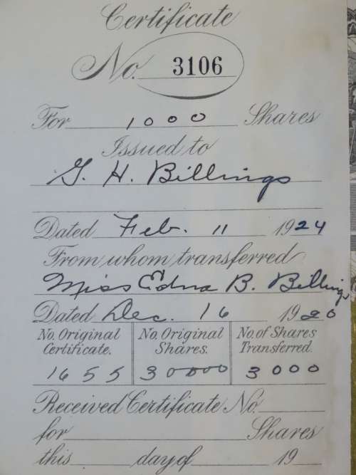 1924 WEstern Union Mining Company, Stock Certificate, 1000 Shares , 3106