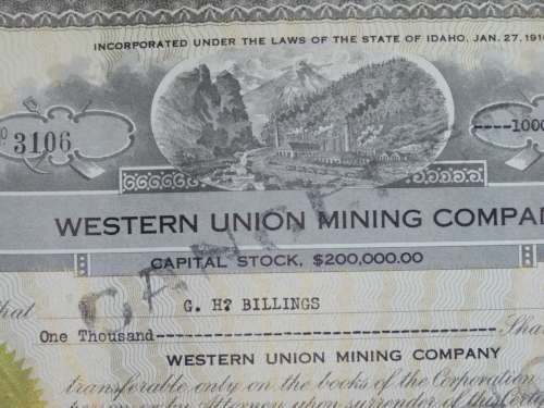 1924 WEstern Union Mining Company, Stock Certificate, 1000 Shares , 3106