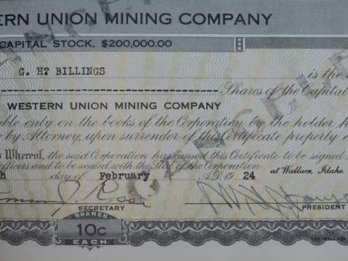 1924 WEstern Union Mining Company, Stock Certificate, 1000 Shares , 3106
