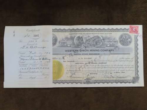1924 WEstern Union Mining Company, Stock Certificate, 1000 Shares , 3107