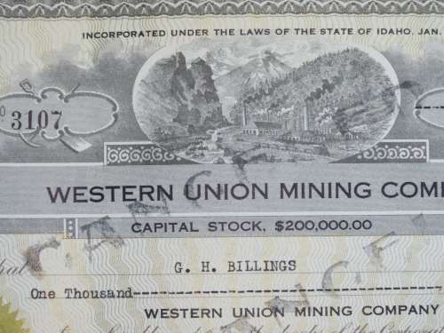 1924 WEstern Union Mining Company, Stock Certificate, 1000 Shares , 3107