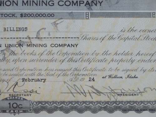 1924 WEstern Union Mining Company, Stock Certificate, 1000 Shares , 3107