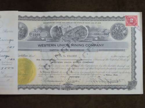 1924 WEstern Union Mining Company, Stock Certificate, 1000 Shares , 3108