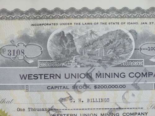 1924 WEstern Union Mining Company, Stock Certificate, 1000 Shares , 3108