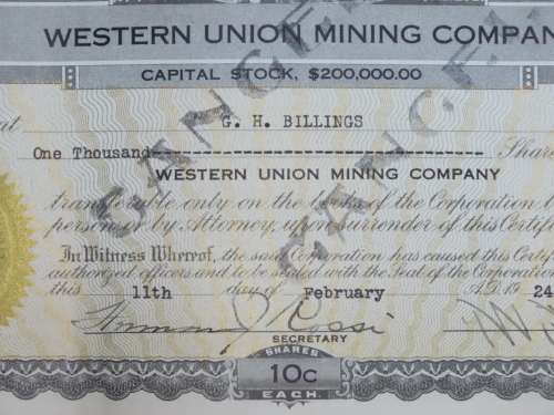 1924 WEstern Union Mining Company, Stock Certificate, 1000 Shares , 3108