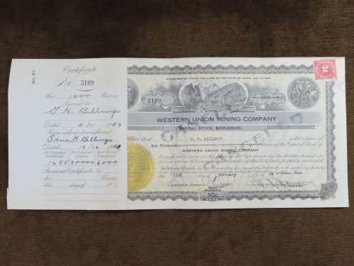 1924 WEstern Union Mining Company, Stock Certificate, 1000 Shares , 3109