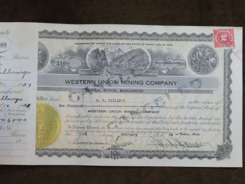 1924 WEstern Union Mining Company, Stock Certificate, 1000 Shares , 3109