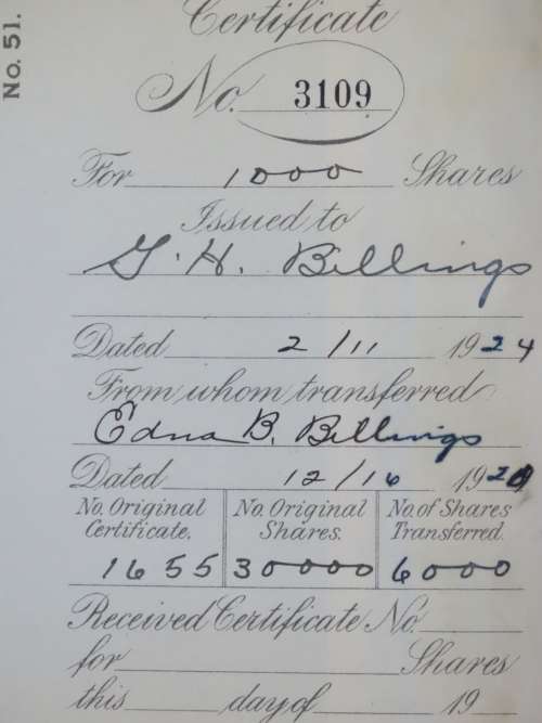 1924 WEstern Union Mining Company, Stock Certificate, 1000 Shares , 3109