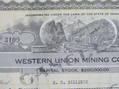 1924 WEstern Union Mining Company, Stock Certificate, 1000 Shares , 3109