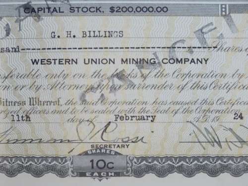 1924 WEstern Union Mining Company, Stock Certificate, 1000 Shares , 3109