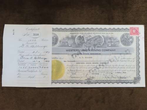 1924 WEstern Union Mining Company, Stock Certificate, 1000 Shares , 3110