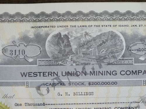 1924 WEstern Union Mining Company, Stock Certificate, 1000 Shares , 3110