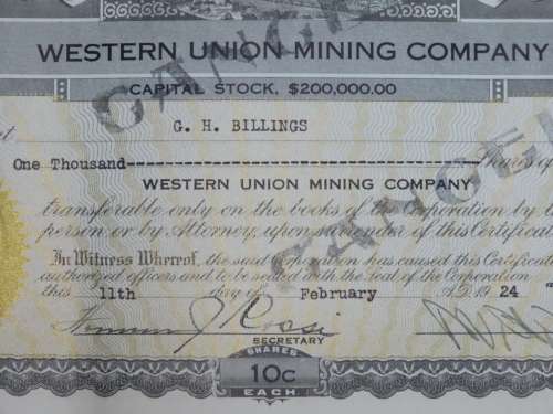 1924 WEstern Union Mining Company, Stock Certificate, 1000 Shares , 3110