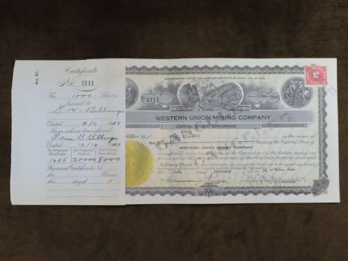 1924 WEstern Union Mining Company, Stock Certificate, 1000 Shares , 3111