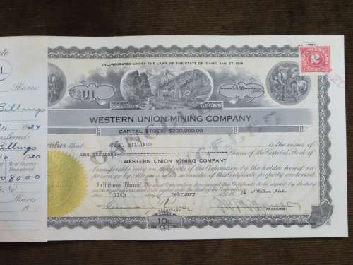 1924 WEstern Union Mining Company, Stock Certificate, 1000 Shares , 3111