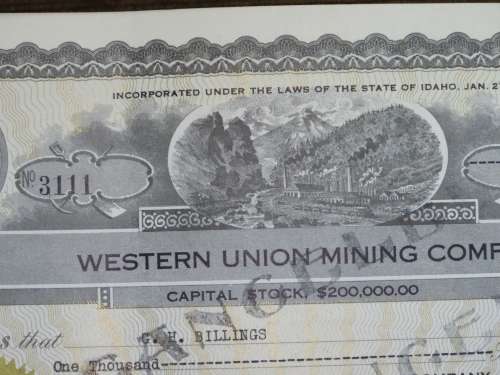 1924 WEstern Union Mining Company, Stock Certificate, 1000 Shares , 3111