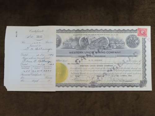 1924 WEstern Union Mining Company, Stock Certificate, 1000 Shares , 3112