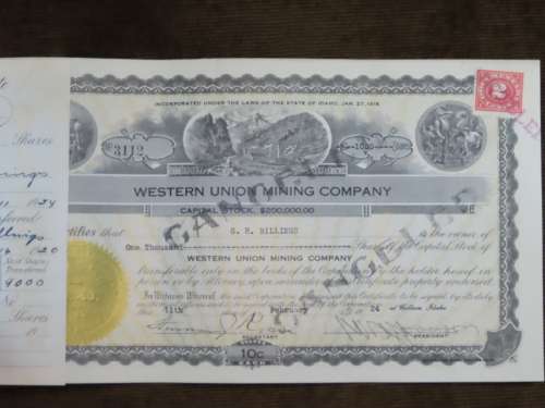1924 WEstern Union Mining Company, Stock Certificate, 1000 Shares , 3112