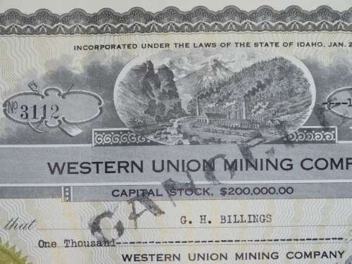 1924 WEstern Union Mining Company, Stock Certificate, 1000 Shares , 3112