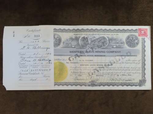 1924 WEstern Union Mining Company, Stock Certificate, 1000 Shares , 3113