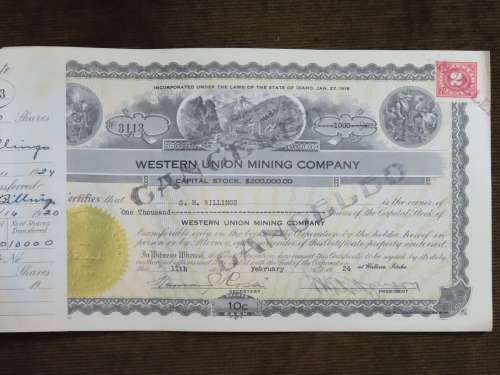 1924 WEstern Union Mining Company, Stock Certificate, 1000 Shares , 3113