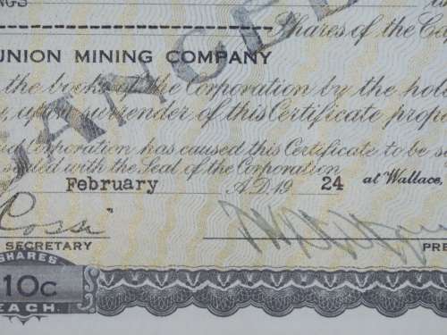 1924 WEstern Union Mining Company, Stock Certificate, 1000 Shares , 3113