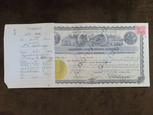 1924 Western Union Mining Company, Stock Certificate, 5000 Shares , 3114