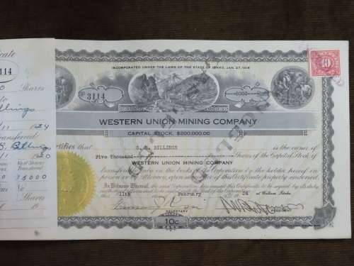 1924 Western Union Mining Company, Stock Certificate, 5000 Shares , 3114
