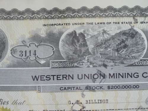 1924 Western Union Mining Company, Stock Certificate, 5000 Shares , 3114