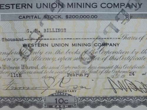 1924 Western Union Mining Company, Stock Certificate, 5000 Shares , 3114