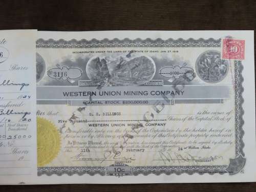 1924 Western Union Mining Company, Stock Certificate, 5000 Shares , 3116
