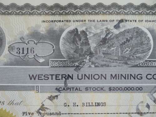 1924 Western Union Mining Company, Stock Certificate, 5000 Shares , 3116