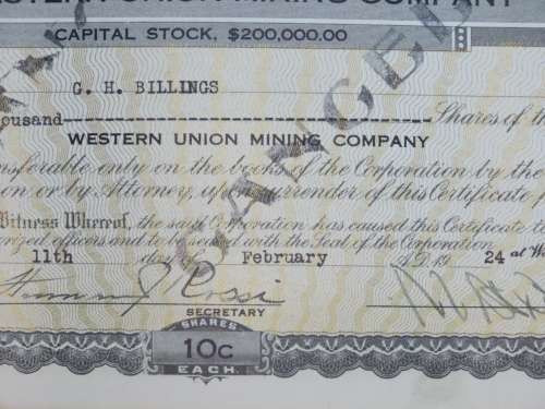 1924 Western Union Mining Company, Stock Certificate, 5000 Shares , 3116