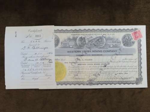 1924 Western Union Mining Company, Stock Certificate, 5000 Shares , 3117