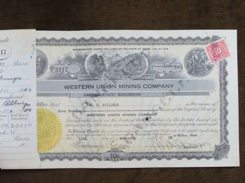 1924 Western Union Mining Company, Stock Certificate, 5000 Shares , 3117