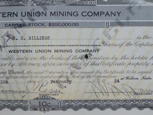 1924 Western Union Mining Company, Stock Certificate, 5000 Shares , 3117