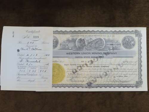 1924 Western Union Mining Company, Stock Certificate, 5000 Shares , 3118