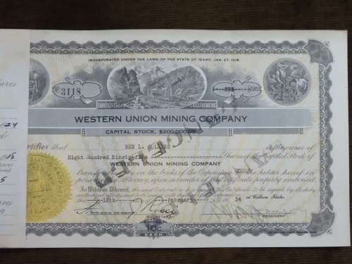 1924 Western Union Mining Company, Stock Certificate, 5000 Shares , 3118