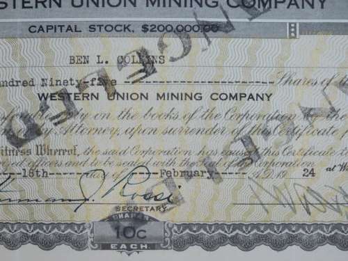 1924 Western Union Mining Company, Stock Certificate, 5000 Shares , 3118