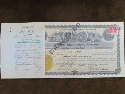 1924 Western Union Mining Company, Stock Certificate, 1000 Shares , 3119